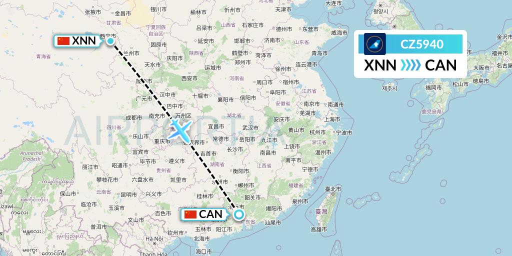 CZ5940 China Southern Airlines Flight Map: Xining to Guangzhou