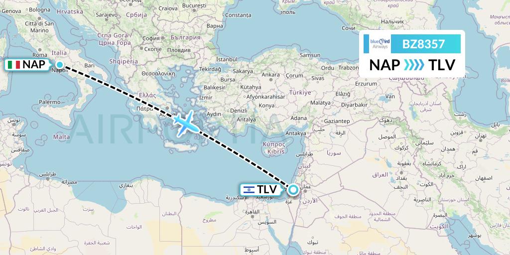 BZ8357 Bluebird Airways Flight Map: Naples to Tel Aviv