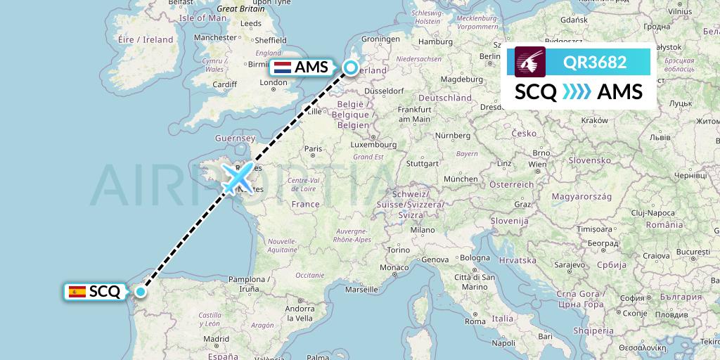 QR3682 Qatar Airways Flight Map: Santiago to Amsterdam
