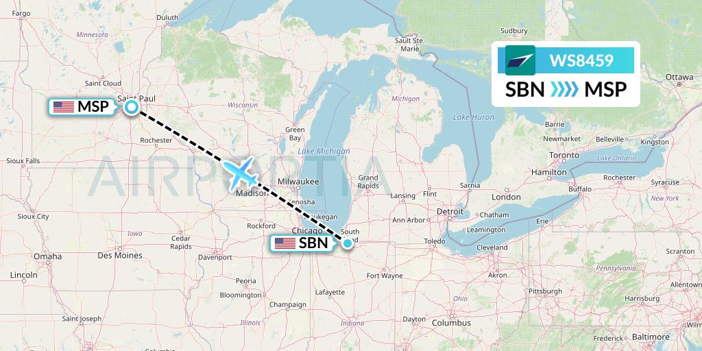 WS8459 WestJet Flight Map: South Bend to Minneapolis