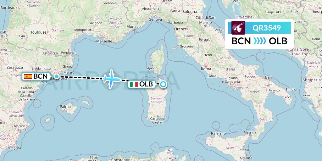 QR3549 Qatar Airways Flight Map: Barcelona to Olbia