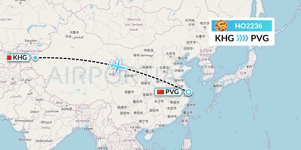 HO2236 Juneyao Airlines Flight Map: Kashgar to Shanghai