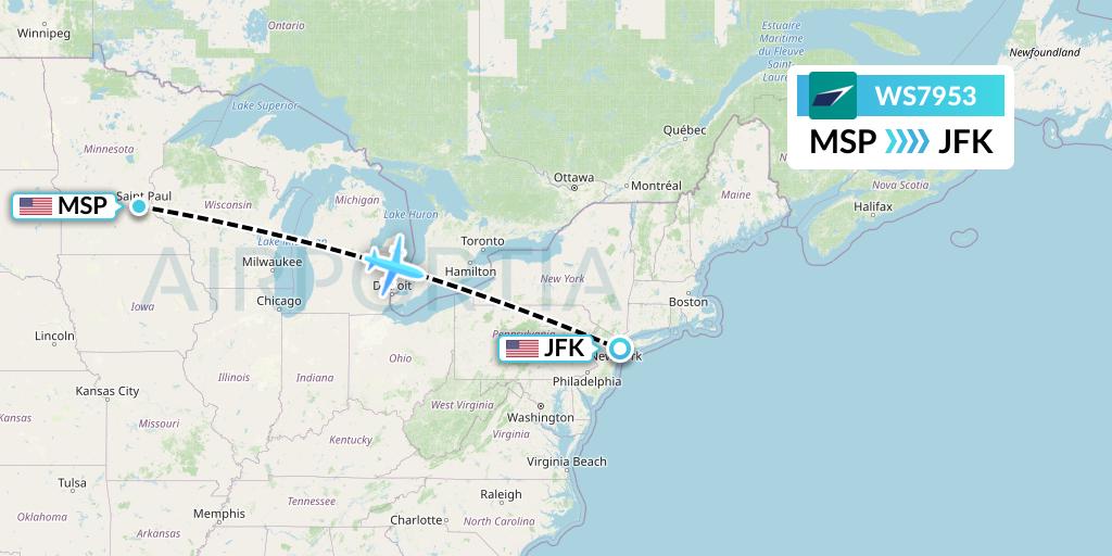 WS7953 WestJet Flight Map: Minneapolis to New York