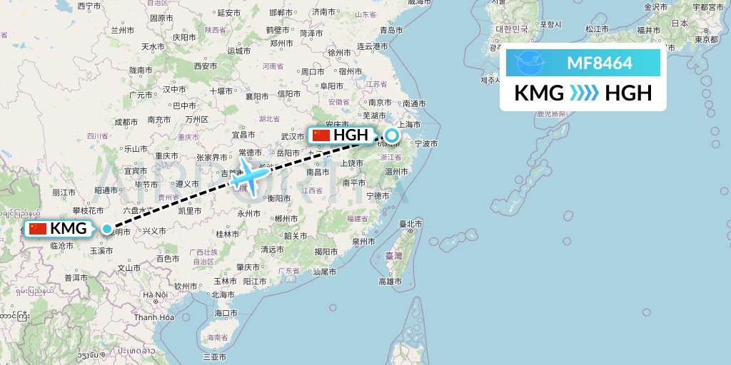 MF8464 Xiamen Airlines Flight Map: Kunming to Hangzhou