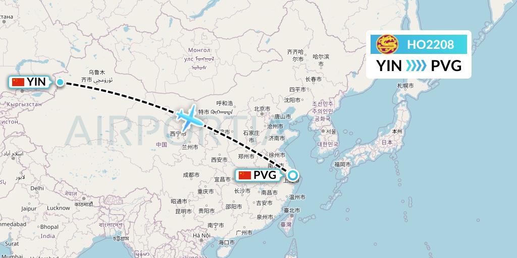 HO2208 Juneyao Airlines Flight Map: Yining to Shanghai