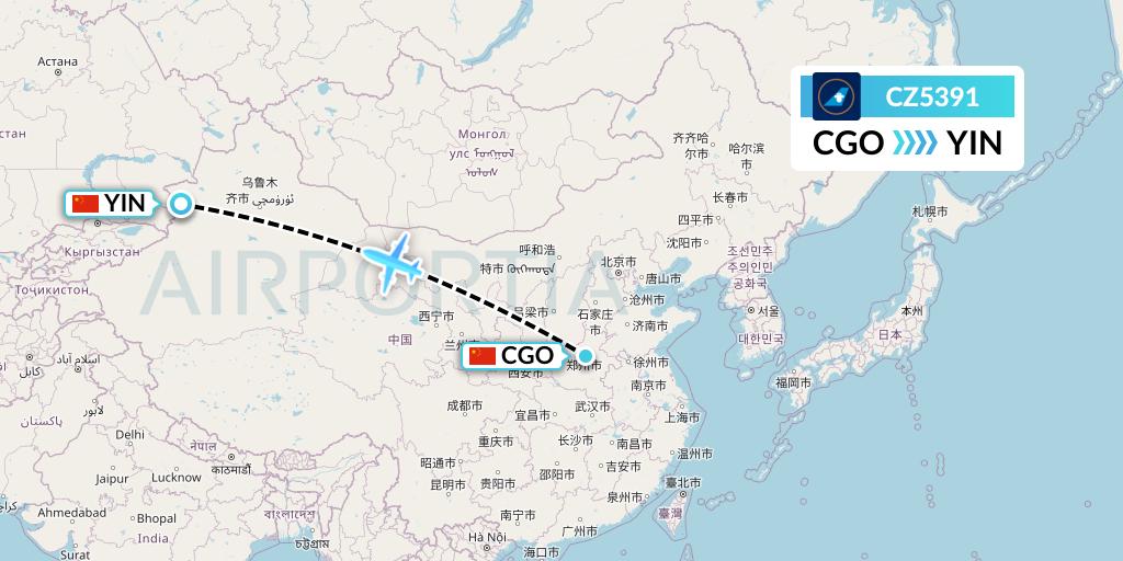 CZ5391 China Southern Airlines Flight Map: Zhengzhou to Yining