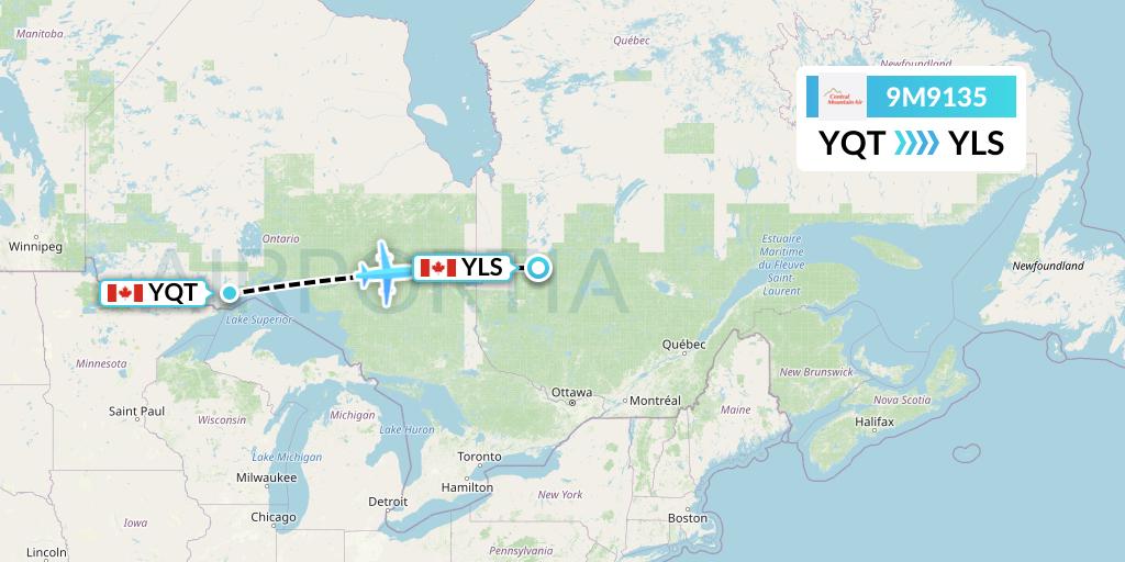 9M9135 Central Mountain Air Flight Map: Thunder Bay to Lebel-Sur-Quevillon