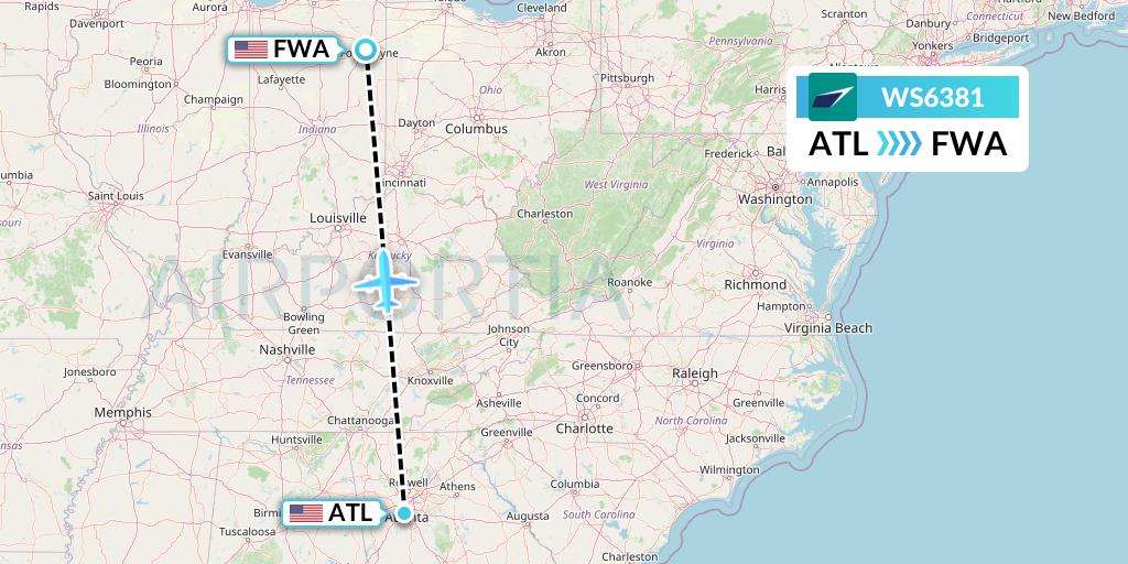 WS6381 WestJet Flight Map: Atlanta to Fort Wayne
