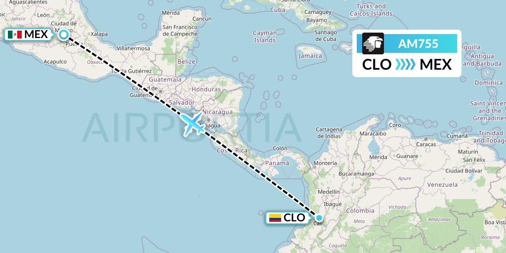 AM755 Aeromexico Flight Map: Cali to Mexico City