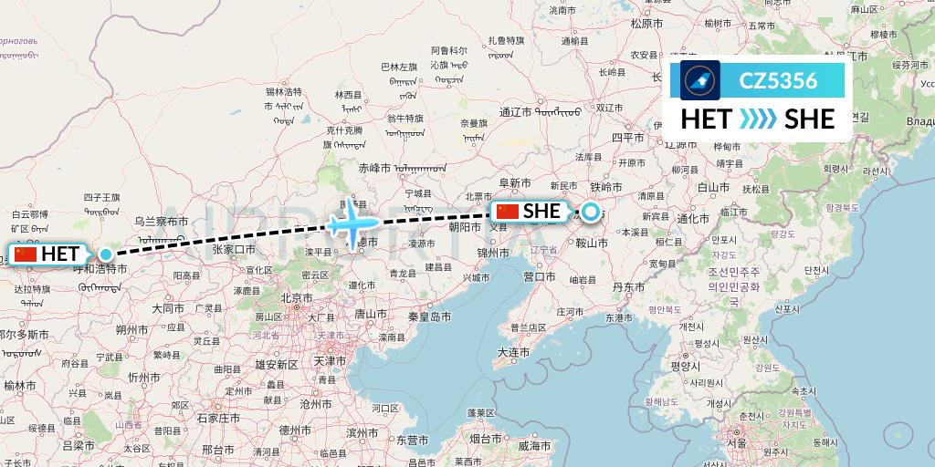 CZ5356 China Southern Airlines Flight Map: Hohhot to Shenyang