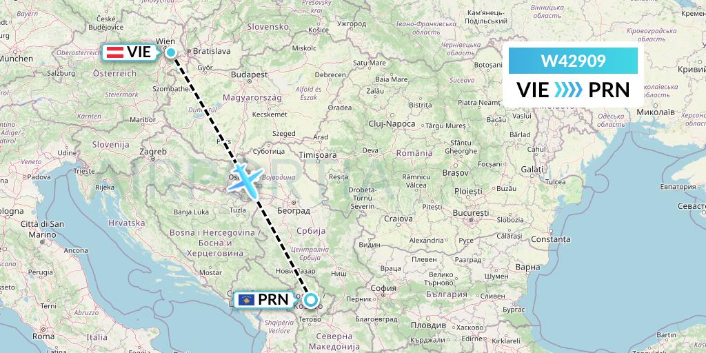 W42909 Wizz Air Malta Flight Map: Vienna to Pristina