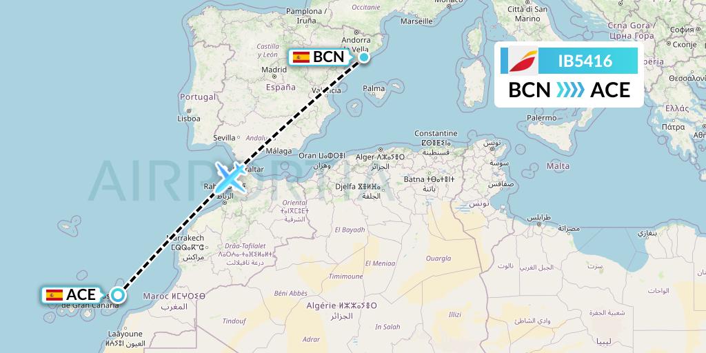 IB5416 Iberia Flight Map: Barcelona to Lanzarote