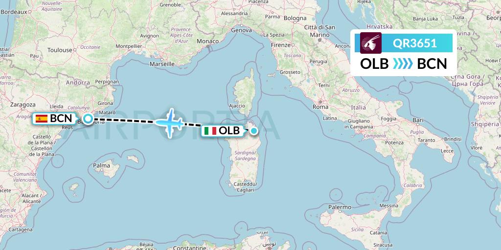 QR3651 Qatar Airways Flight Map: Olbia to Barcelona
