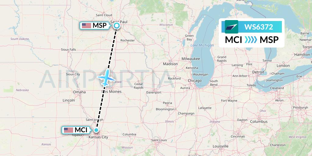 WS6372 WestJet Flight Map: Kansas City to Minneapolis