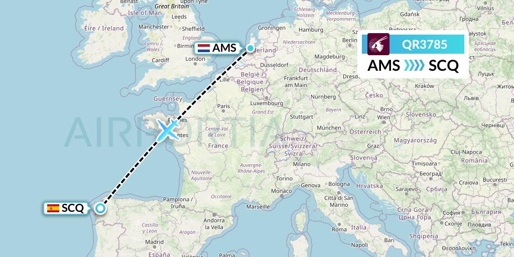 QR3785 Qatar Airways Flight Map: Amsterdam to Santiago