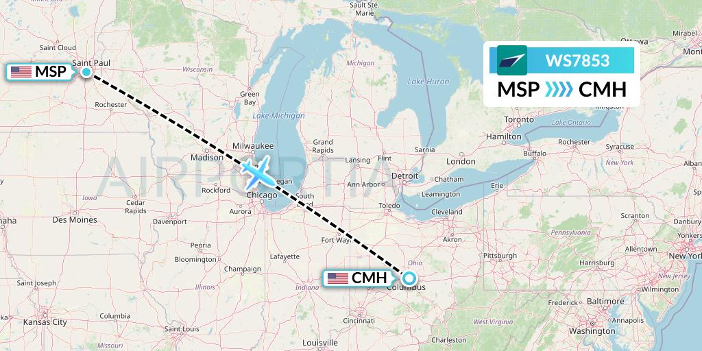 WS7853 WestJet Flight Map: Minneapolis to Columbus
