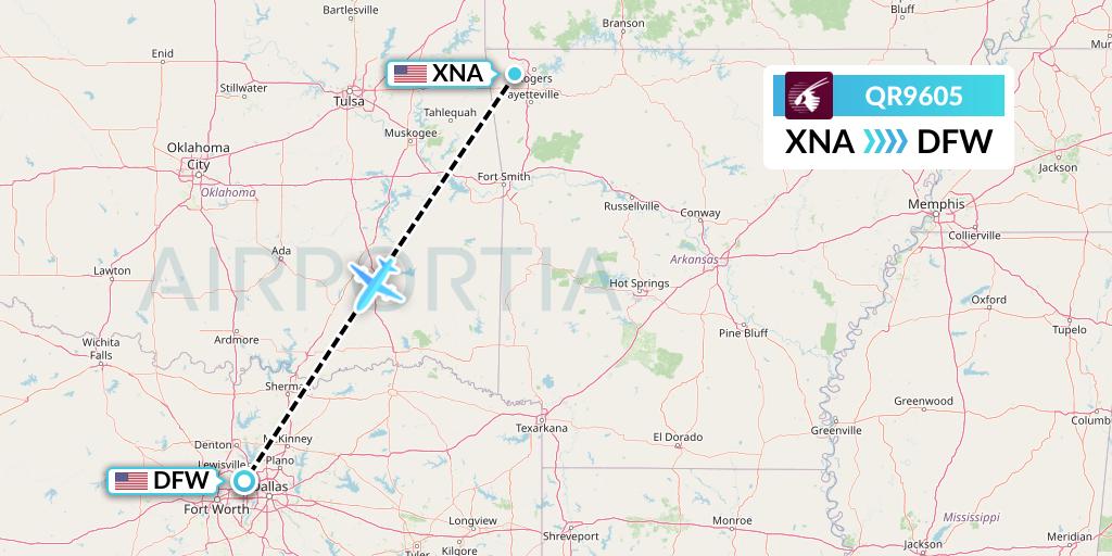 QR9605 Qatar Airways Flight Map: Bentonville to Dallas
