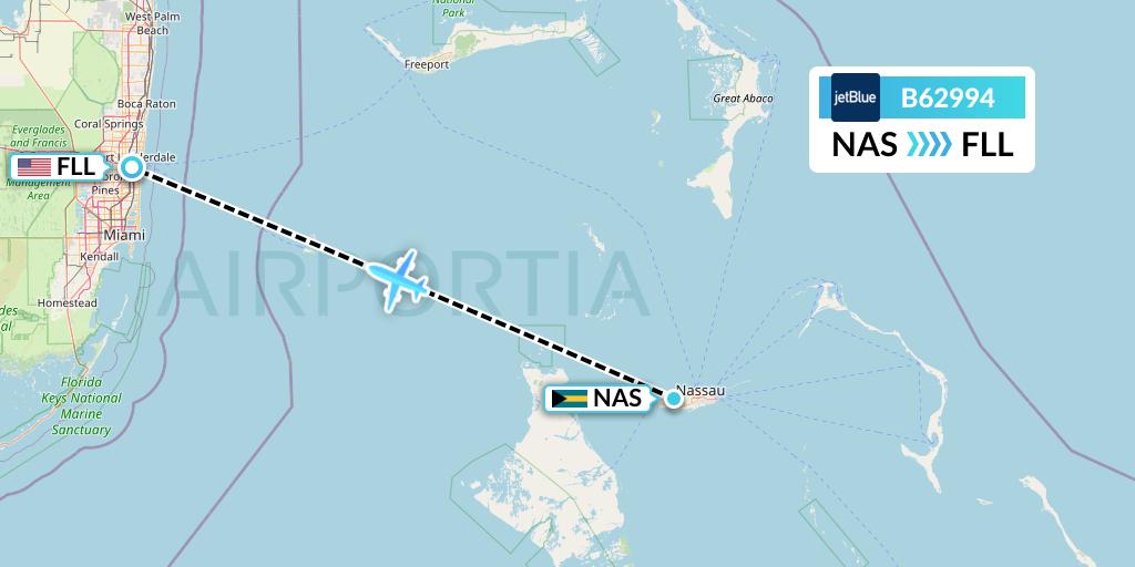 B62994 JetBlue Airways Flight Map: Nassau to Fort Lauderdale