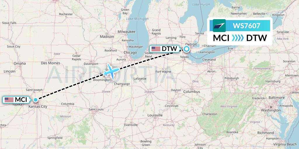 WS7607 WestJet Flight Map: Kansas City to Detroit