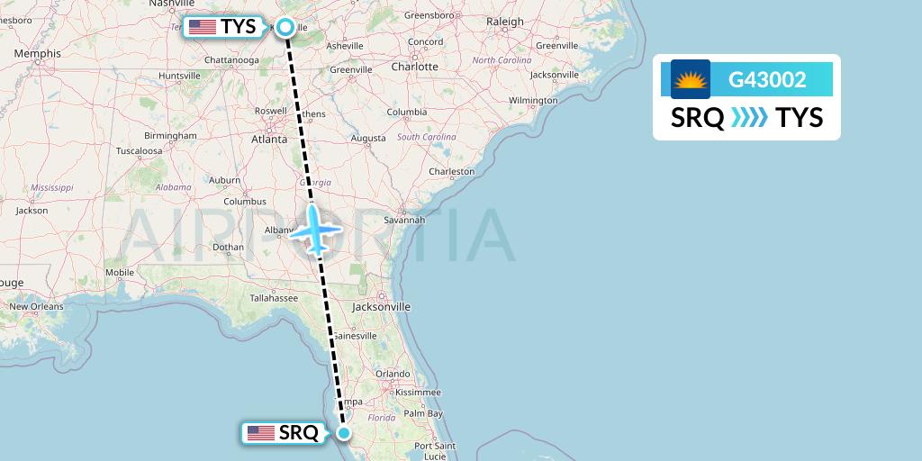 G43002 Allegiant Air Flight Map: Sarasota to Knoxville