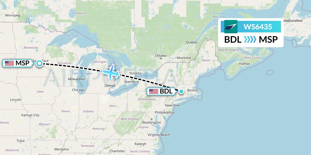 WS6435 WestJet Flight Map: Windsor Locks to Minneapolis
