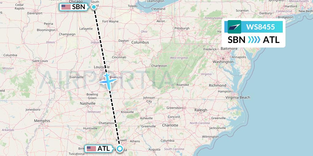 WS8455 WestJet Flight Map: South Bend to Atlanta