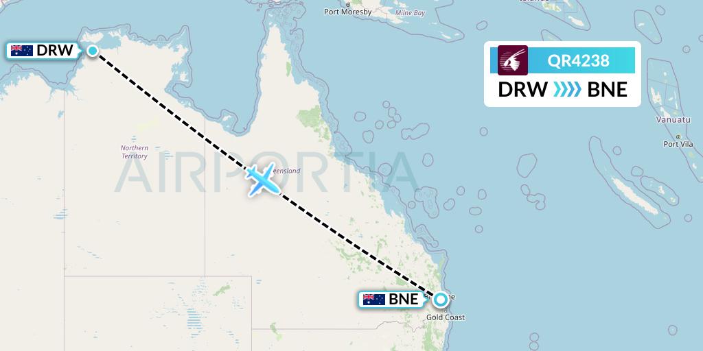 QR4238 Qatar Airways Flight Map: Darwin to Brisbane