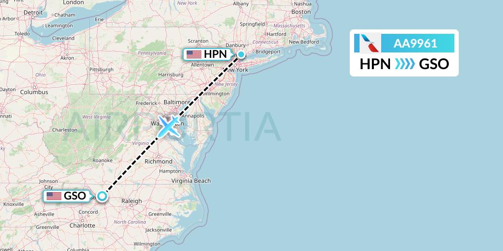 AA9961 American Airlines Flight Map: White Plains to Greensboro