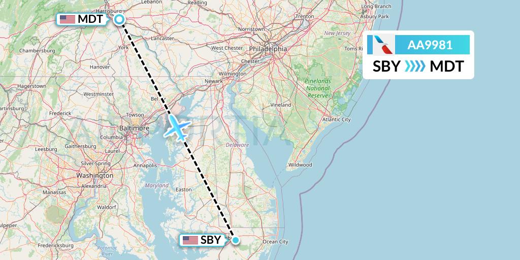 AA9981 American Airlines Flight Map: Salisbury to Harrisburg