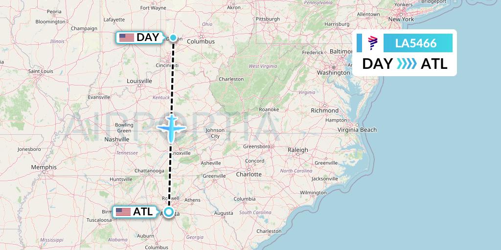 LA5466 LAN Airlines Flight Map: Dayton to Atlanta