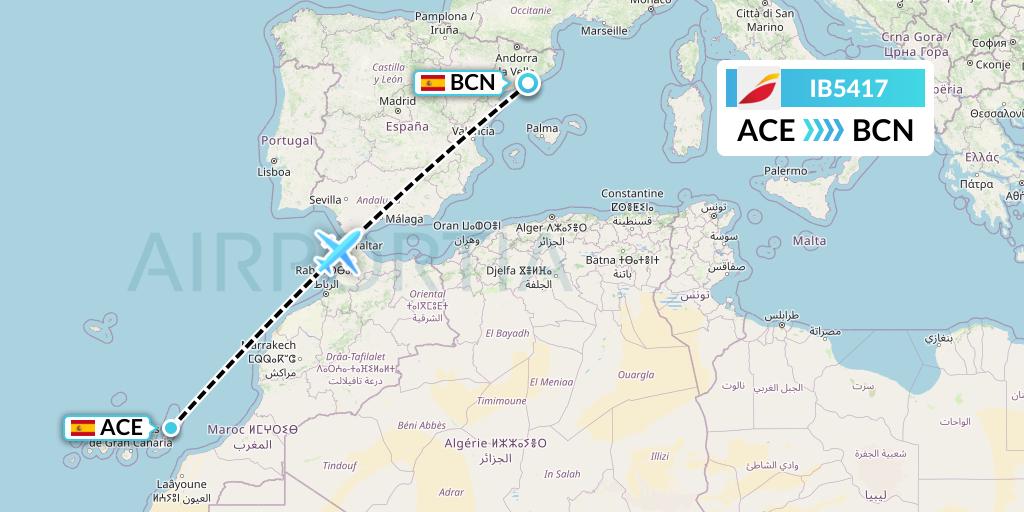 IB5417 Iberia Flight Map: Lanzarote to Barcelona