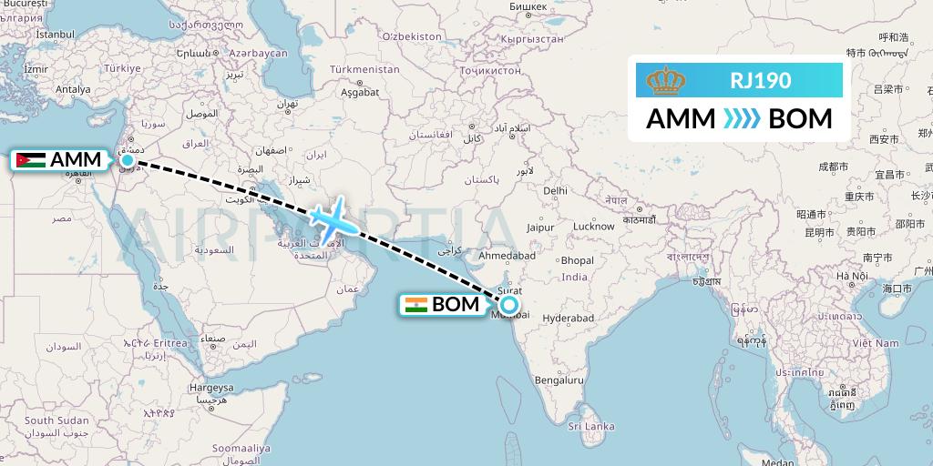 RJ190 Royal Jordanian Flight Map: Amman to Mumbai