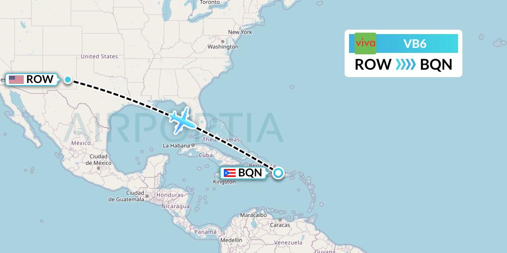 VB6 VivaAerobus Flight Map: Roswell to Aguadilla
