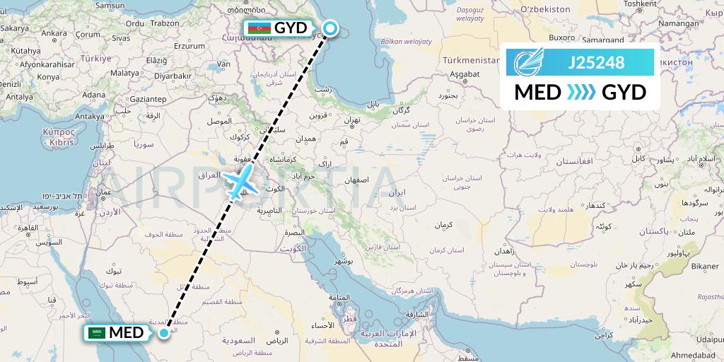 J25248 Azerbaijan Airlines Flight Map: Medina to Baku