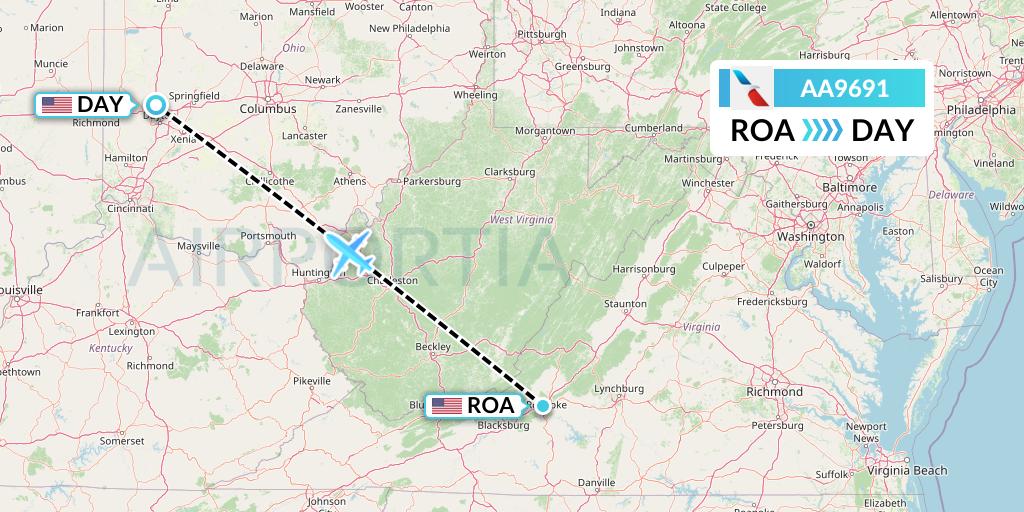 AA9691 American Airlines Flight Map: Roanoke to Dayton