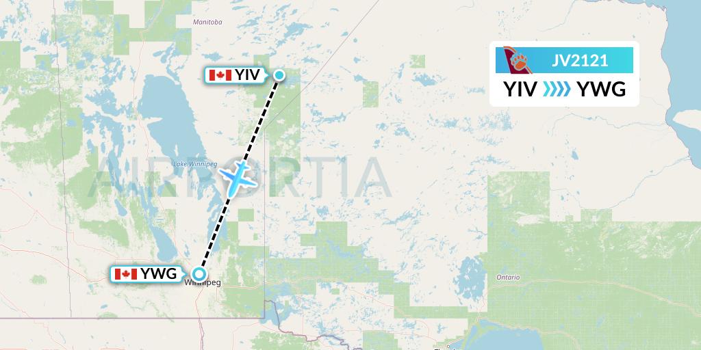 JV2121 Bearskin Airlines Flight Map: Island Lake to Winnipeg