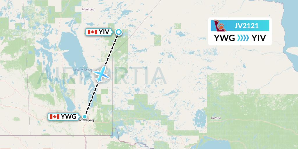 JV2121 Bearskin Airlines Flight Map: Winnipeg to Island Lake