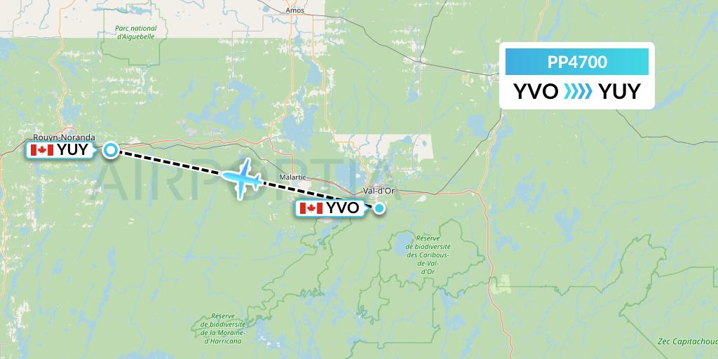 PP4700 Jet Aviation Business Jets Flight Map: Val-d'Or to Rouyn