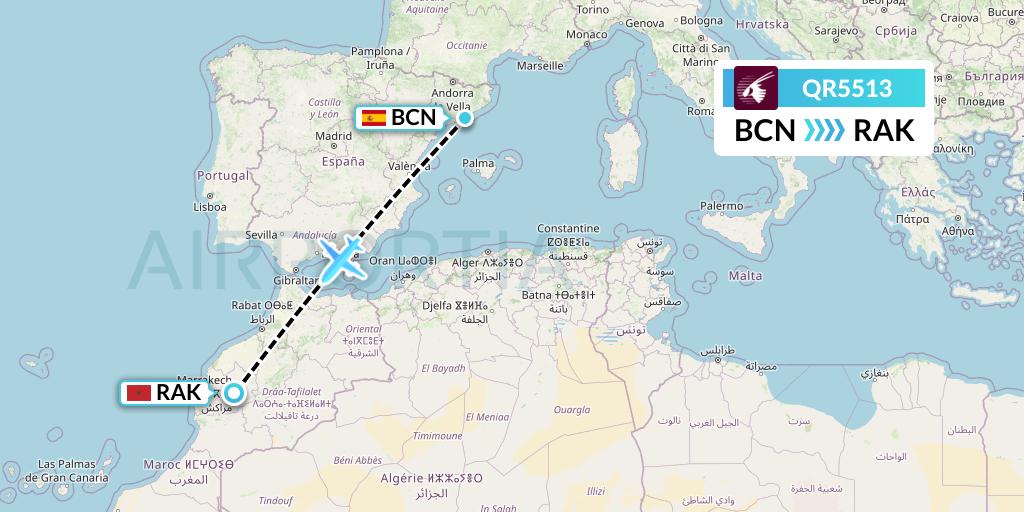 QR5513 Qatar Airways Flight Map: Barcelona to Marrakesh 