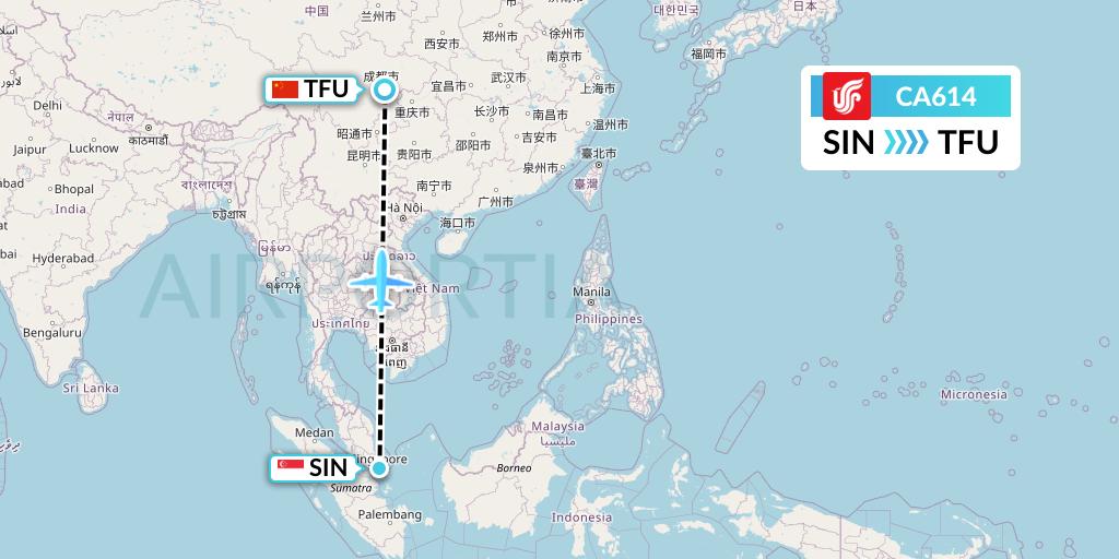 CA614 Air China Flight Map: Singapore to Chengdu