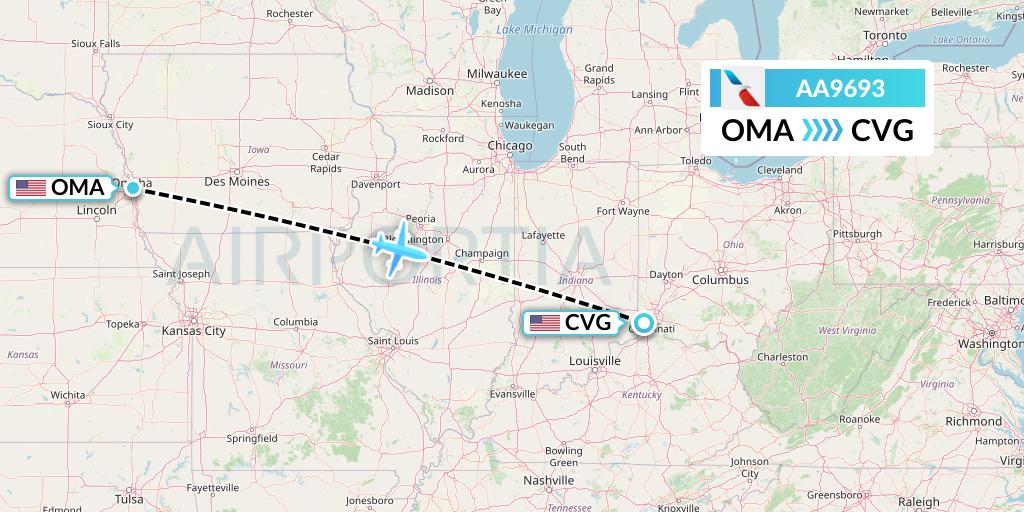 AA9693 American Airlines Flight Map: Omaha to Cincinnati