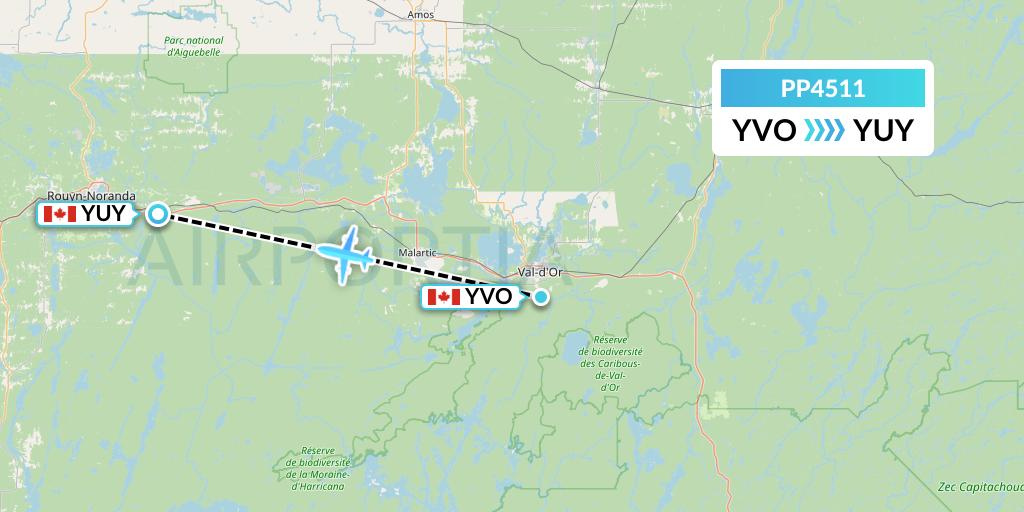PP4511 Jet Aviation Business Jets Flight Map: Val-d'Or to Rouyn