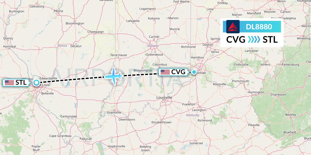 DL8880 Delta Air Lines Flight Map: Cincinnati to St. Louis