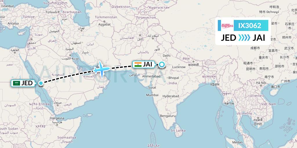IX3062 Air India Express Flight Map: Jeddah to Jaipur