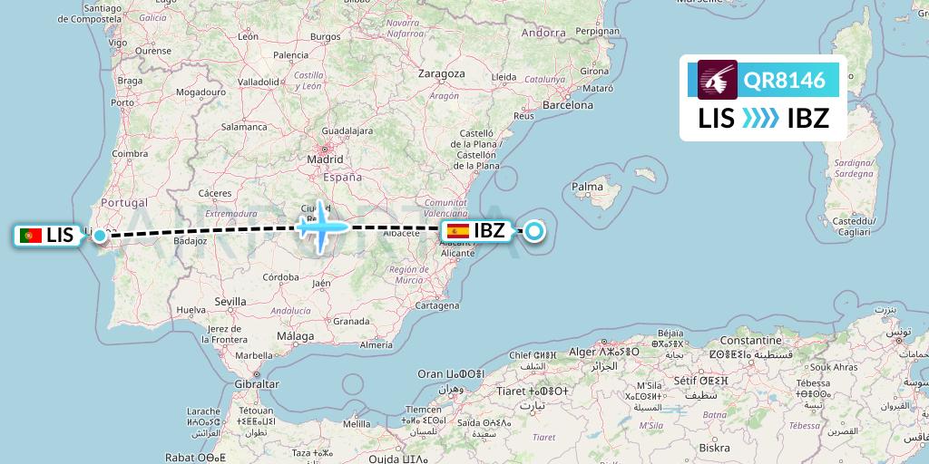 QR8146 Qatar Airways Flight Map: Lisbon to Ibiza