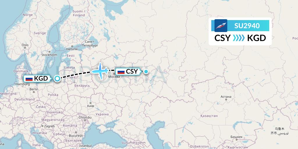 SU2940 Aeroflot Flight Map: Cheboksary to Kaliningrad