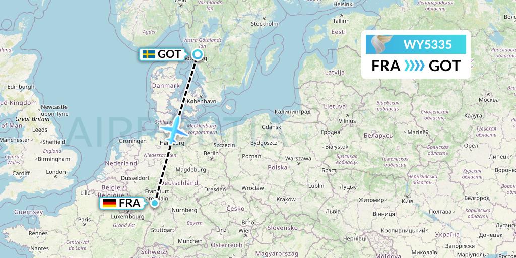 WY5335 Oman Air Flight Map: Frankfurt to Gothenburg