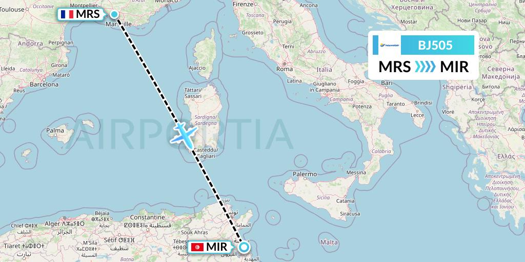 BJ505 Nouvelair Tunisie Flight Map: Marseille to Monastir