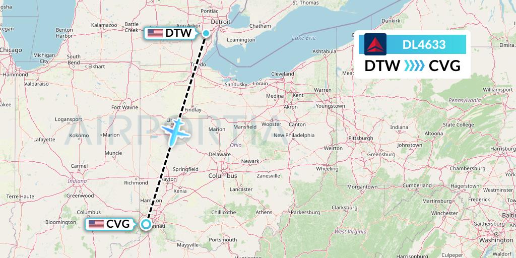 DL4633 Delta Air Lines Flight Map: Detroit to Cincinnati
