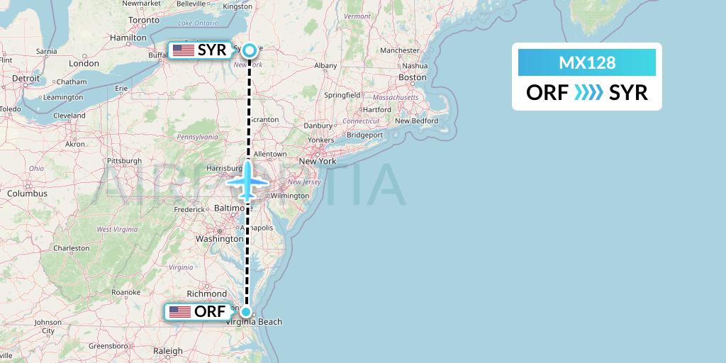 MX128 Breeze Airways Flight Map: Norfolk to Syracuse